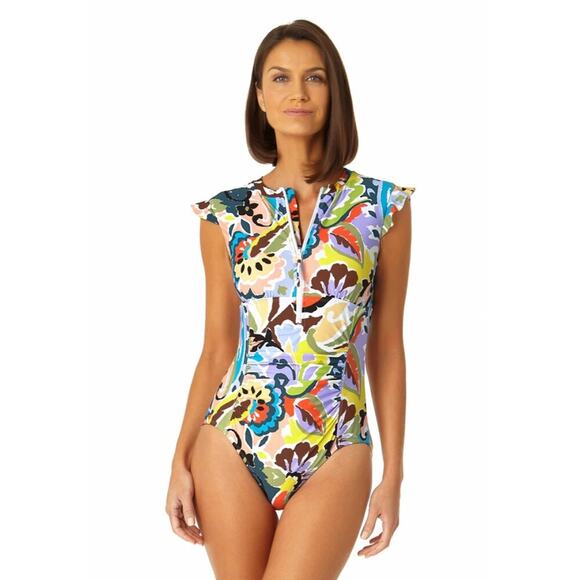 Anne Cole Multicolor Print One Piece Swimsuit Rash Guard Women's Size 6 - Picture 1 of 9